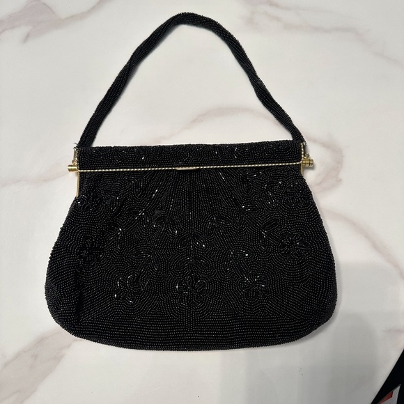 VINTAGE BLACK BEADED HANDBAG - Picture 1 of 7
